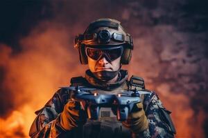 retrato do soldado aguarde zangão às mãos contra fogo. generativo ai. foto