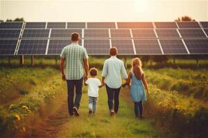 traseiro Visão do caminhando pai com três crianças dentro frente do solar painéis às campo. generativo ai. foto