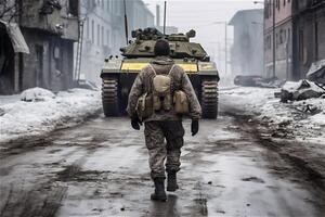 costas do soldado contra tanque dentro ruínas. especial forças guerra Operação. generativo ai. foto