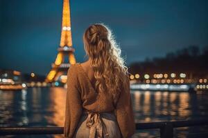 uma vez dentro Paris. costas do mulher dentro noite contra eiffel torre. generativo ai. foto