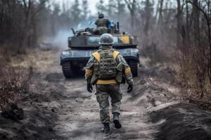 costas do soldado contra tanque. especial forças guerra Operação. generativo ai. foto