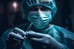cirurgião mulher detém uma bisturi dentro a operativo sala. cirúrgico operações. generativo ai. foto