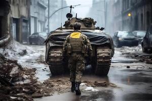 costas do soldado contra tanque dentro ruínas. especial forças guerra Operação. generativo ai. foto