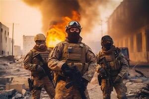 retrato do três militares homens. uma grupo do soldados em uma fundo do fogo dentro ruína cidade. guerra operações, especial forças. generativo ai. foto