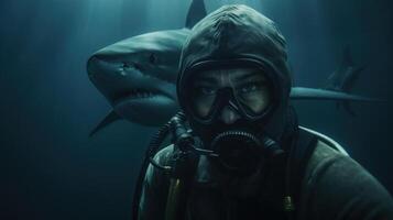 mergulhador selfie captura emocionante momento antes encontro com Tubarão. generativo ai foto