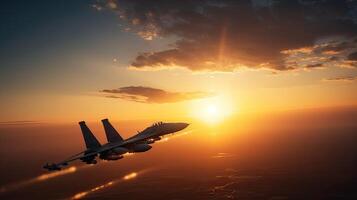 militar aeronave vôo sobre a nuvens dentro surpreendente pôr do sol. generativo ai. foto