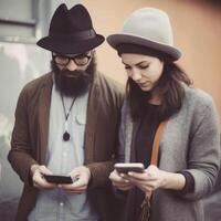 jovem hipster casal sentado em uma Banco interagindo com social redes com seus smartphone.ai generativo foto