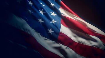 generativo ai contente, americano bandeira acenando dentro a vento. vertical bandeira. bandeira dia Julho 4º. nacional bandeira dia. foto