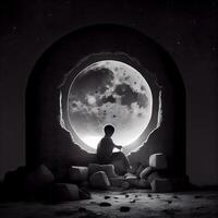 homem sentado dentro frente do a lua dentro uma Sombrio quarto às noite, ai generativo imagem foto