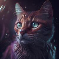 fantasia retrato do uma vermelho gato com azul olhos em uma Preto fundo., ai generativo imagem foto