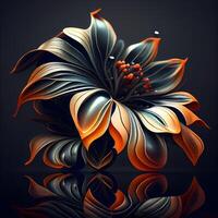 abstrato flor com reflexão em Preto fundo. 3d render ilustração., ai generativo imagem foto