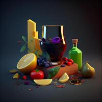 ilustração do uma vidro do vinho com ingredientes em uma Sombrio fundo, ai generativo imagem foto