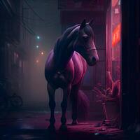cavalo dentro uma Sombrio rua às noite, 3d ilustração., ai generativo imagem foto
