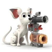 desenho animado cachorro com vídeo Câmera em uma branco fundo. 3d Renderização, ai generativo imagem foto