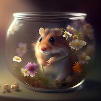 hamster dentro uma vidro jarra com flores 3d Renderização., ai generativo imagem foto