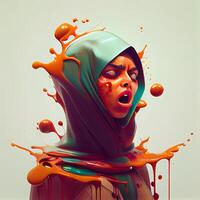 retrato do uma lindo menina dentro uma verde hijab e vermelho pintura salpicos., ai generativo imagem foto