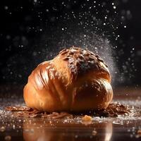 chocolate croissant queda para dentro a ar em uma Preto fundo, ai generativo imagem foto