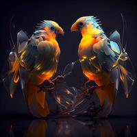 dois papagaios em uma Preto fundo. 3d render ilustração., ai generativo imagem foto