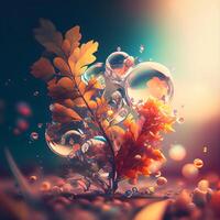 abstrato fundo com água gotas e outono folhas. 3d ilustração, ai generativo imagem foto