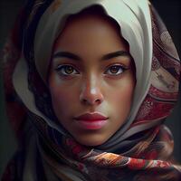 retrato do lindo jovem muçulmano mulher vestindo lenço de cabeça., ai generativo imagem foto