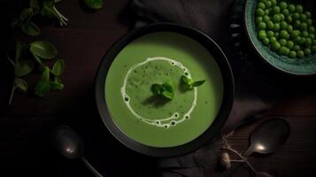 verde ervilhas creme sopa. ilustração ai generativo foto