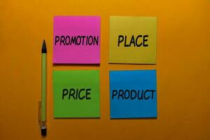 promoção, lugar, preço, produtos escrever em pegajoso notas isolado em escritório escrivaninha foto