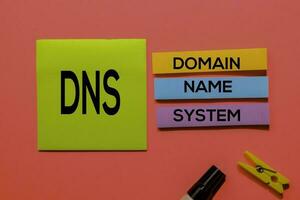 dns - domínio nome sistema acrônimo escrever em pegajoso notas isolado em Rosa fundo. foto