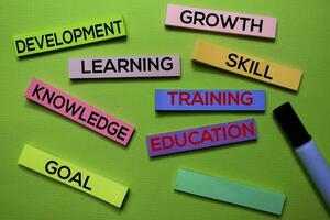 treinamento, Educação, desenvolvimento, crescimento, aprendizado, habilidade, conhecimento, objetivo texto em pegajoso notas isolado em verde escrivaninha. mecanismo estratégia conceito foto
