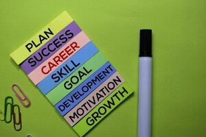 carreira, plano, sucesso, habilidade, meta, desenvolvimento, motivação, crescimento texto em pegajoso notas isolado em verde escrivaninha. mecanismo estratégia conceito foto