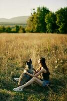 mulher sentado dentro uma campo com uma dachshund cachorro sorridente enquanto gastos Tempo dentro natureza com uma amigo cachorro dentro outono às pôr do sol foto