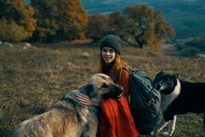 mulher caminhante viagem período de férias andar cachorro montanha foto