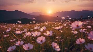 montanha com cosmos florescendo. ilustração ai generativo foto