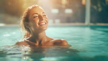 beleza menina dentro piscina. ilustração ai generativo foto