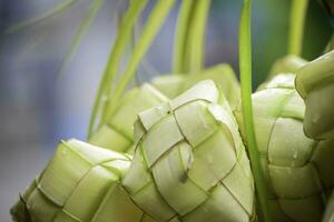 ketupat ásia arroz bolinho de massa. ketupat é uma natural arroz invólucro fez a partir de jovem coco folhas para cozinhando arroz durante eid Mubarak eid ul fitr foto