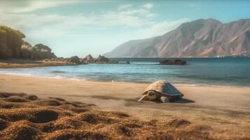 mar tartaruga rastejando em a arenoso de praia. verão, azul céu.. ilustração ai generativo foto