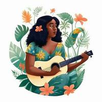 a africano mulher jogando ukulele cercado de folhas. gerar ai foto