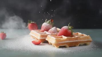 waffles com morangos. ilustração ai generativo foto
