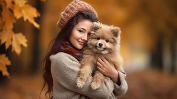 outono menina com cachorro. ilustração ai generativo foto