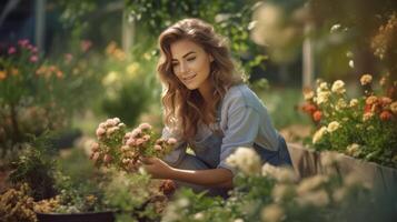 mulher plantio flores dentro jardim. ilustração ai generativo foto