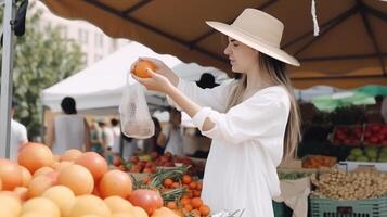 uma mulher escolhe frutas e legumes às uma agricultores' mercado. ilustração ai generativo foto