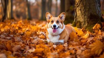 corgi dentro outono floresta. ilustração ai generativo foto