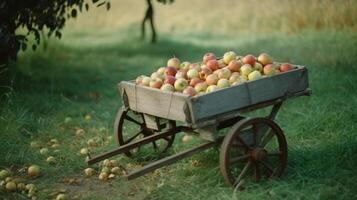uma carrinho de mão cheio af maçãs dentro jardim. ilustração ai generativo foto