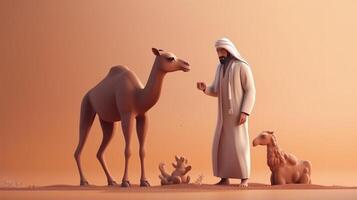 eid al adha árabe homem com camelos em isolado fundo. 3d Renderização generativo ai foto