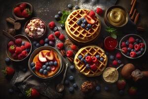 Belga waffles com fresco bagas em de madeira quadro, Preto fundo generativo ai foto