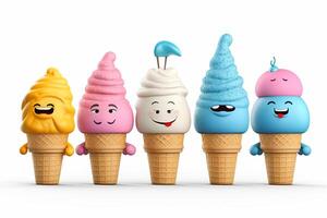 3d ilustração do colorida gelo creme personagem dentro waffle cone com engraçado rostos generativo ai foto