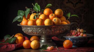 clássico ainda vida com tangerinas dentro uma tigela com padrões e uvas em uma Sombrio fundo. gerado ai. foto