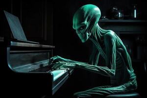 feio e assustador olhando extraterrestre estrangeiro jogando uma piano. ai gerado foto