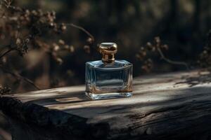 uma garrafa do azul perfume dentro a ao ar livre configuração sentado em uma madeira. ai gerado foto