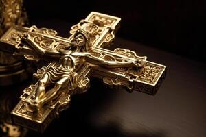 dourado Cruz do Jesus Cristo crucificado. religião e cristandade conceito. ai gerado foto