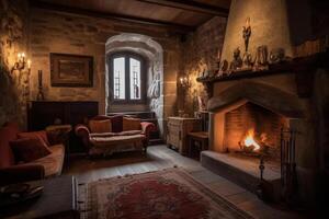 acolhedor lareira dentro uma quarto dentro uma medieval gótico castelo. ai gerado foto